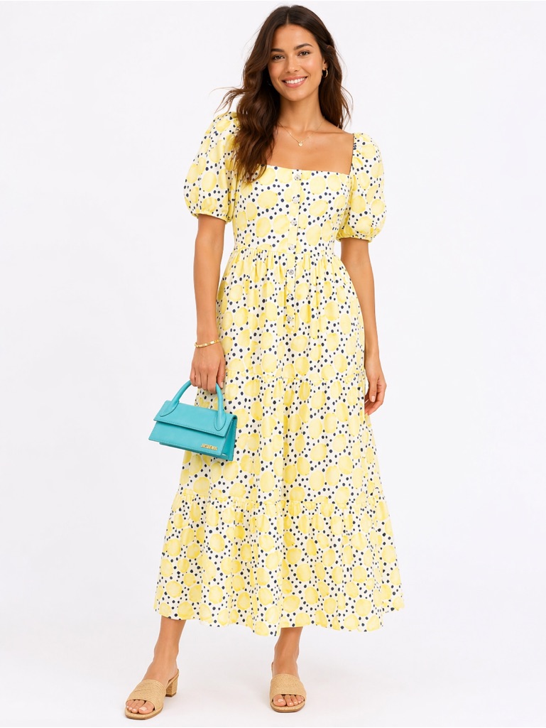 Pitusa Play Prairie Lemon Print Cotton Maxi Dress Yellow Puff Sleeve Size M